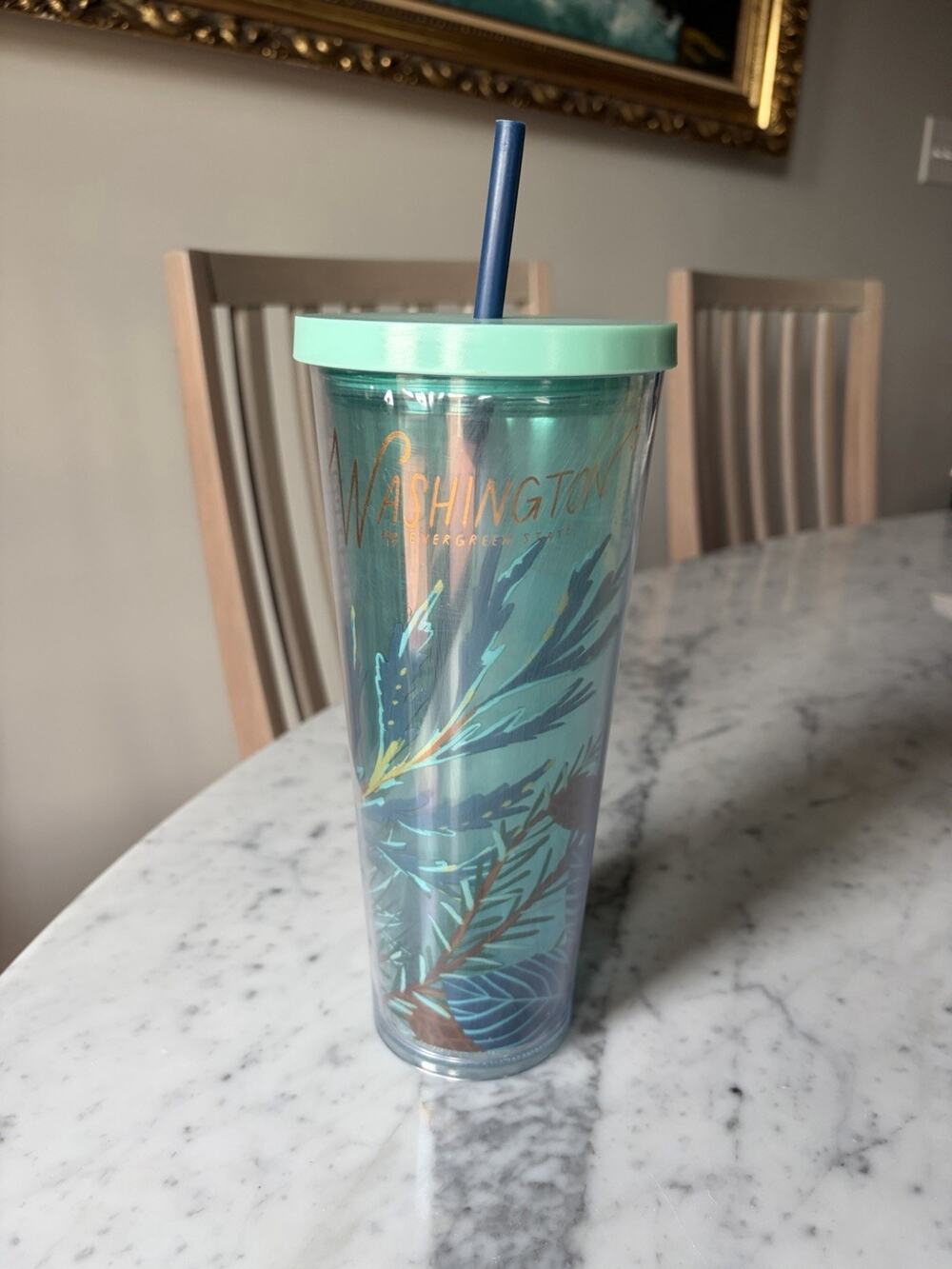 Starbucks Washington Tumbler 24oz Teal Blue Green With Lid Straw Floral Garden